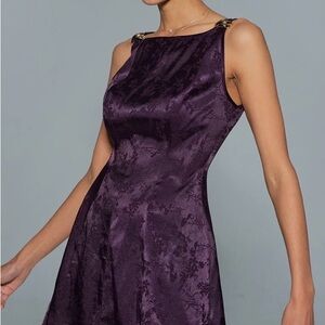 Sleeveless Jacquard Fit-and-Flare Dress in Deep Plum